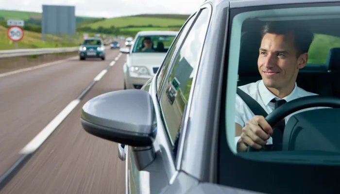 Happy man driving a grey car on a UK road