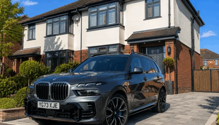 Black BMW outside UK house in the sunshine