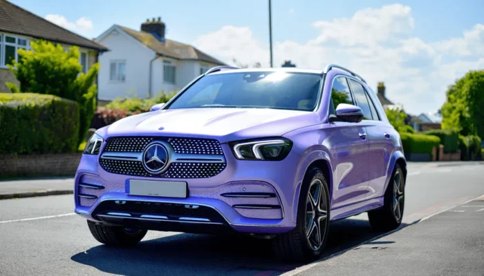 Purple Mercedes parked up in the UK in sunny weather