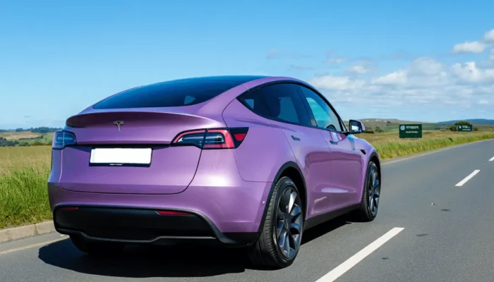 Tesla model Y on the road in the United Kingdom in the sunshine