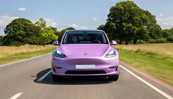 Tesla on a UK road in the sunshine