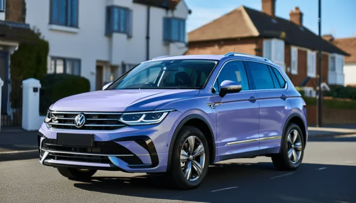 A purple VW car sitting in a British street on a sunny day