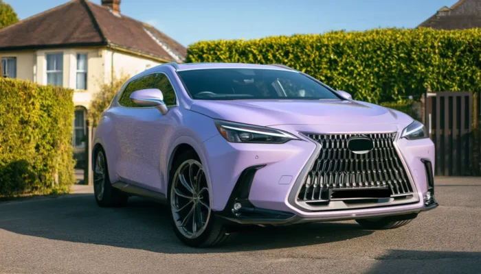 a lexus car parked in front of a bush on a sunny day in the united kingdom