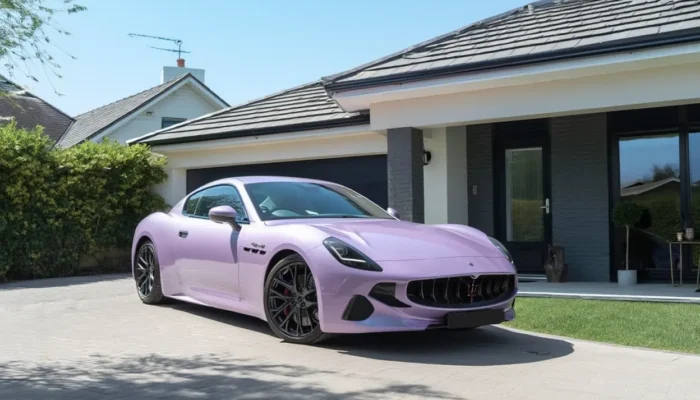 A light purple maserati sitting on a drive in the united kingdom