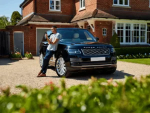 Person leaning on a Range Rover parked on a driveway
