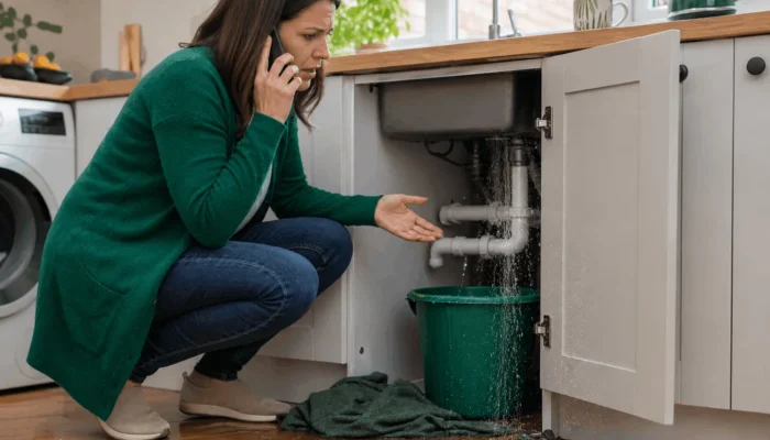 someone wearing a green cardigan dealing with a burst pipe in the kitchen