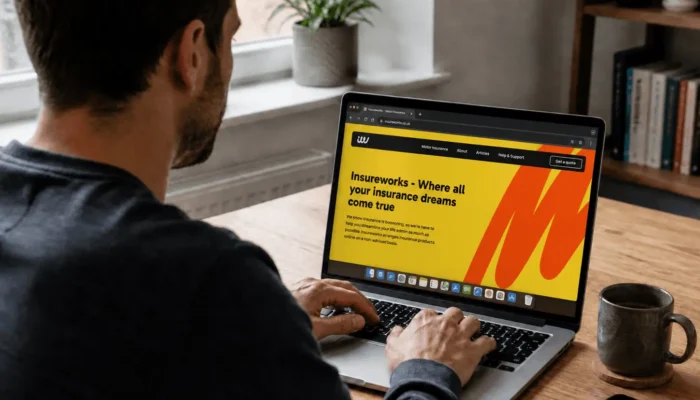 man using a laptop to visit the insureworks website
