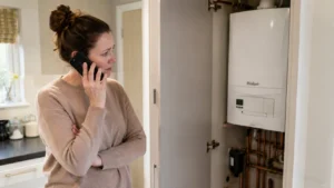 person on the phone stressed while looking at white boiler