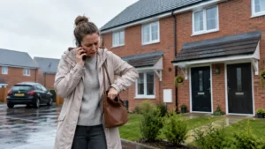 person stressed looking for keys in brown bag outside house on rainy day calling home emergency cover