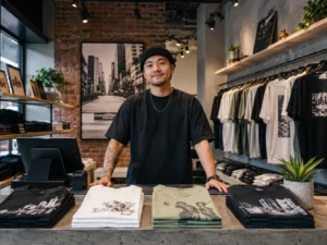 A shop owner selling T-shirts considering retail business insurance