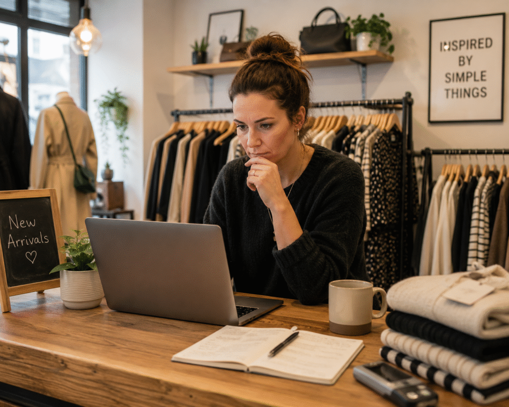 Retail business owner selling clothes looking at her computer