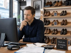 An owner of a shoe shop looking at his computer