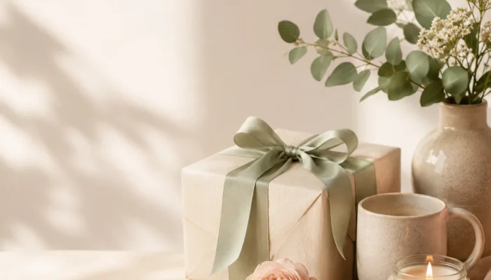 Wrapped gift with green ribbon beside a candle, mug and flowers on a gift shop display table