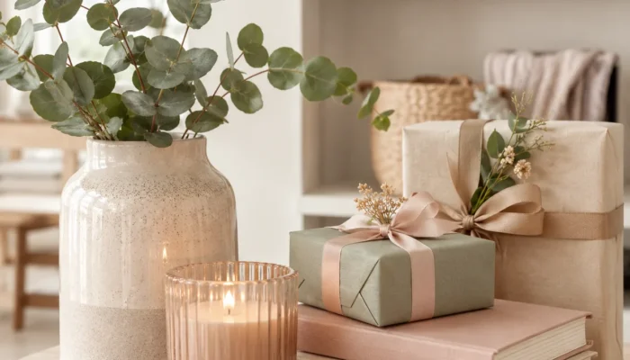 Gift shop stock display with candles, ceramic vases, wrapped gifts and books on a wooden table