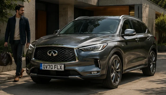 Grey Infiniti QX50 parked outside a modern building as a man walks towards it