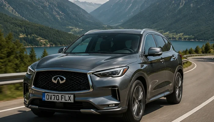 Grey Infiniti QX50 driving on a mountain road beside a lake