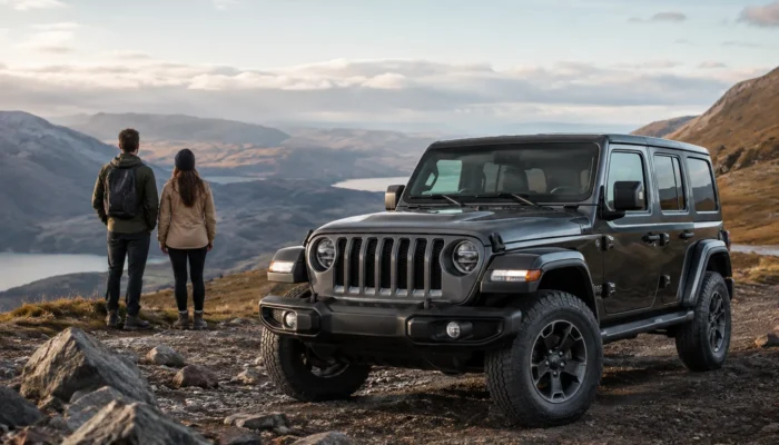 Black Jeep Wrangler parked on rocky ground above a loch with two walkers