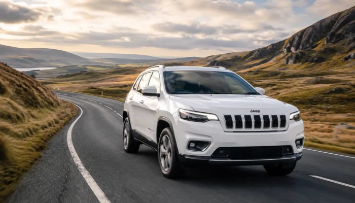White Jeep Cherokee driving on a winding road through open hills