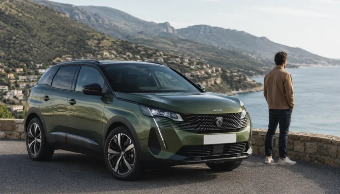 Green Peugeot 3008 parked on a coastal road overlooking the sea