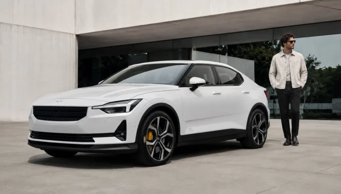 White Polestar 2 parked outside a modern concrete building