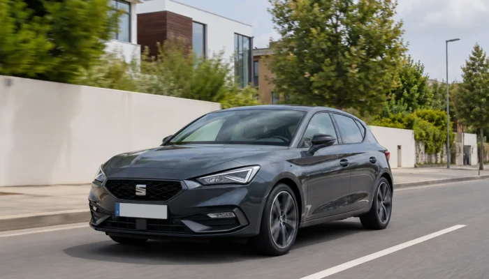Dark grey Seat Leon driving on a suburban road