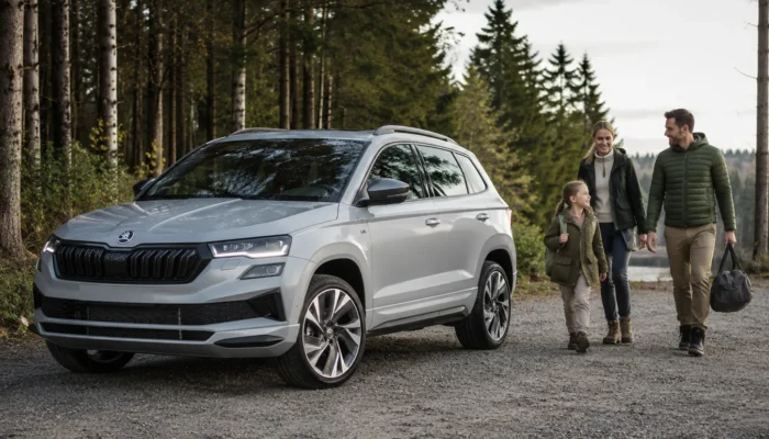 Silver Skoda Karoq parked on a forest track as a family walk back to the car