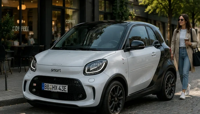 White Smart ForTwo parked on a city street outside a cafe