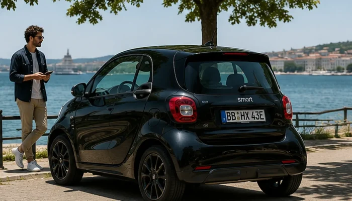 Black Smart ForTwo parked on a waterfront promenade