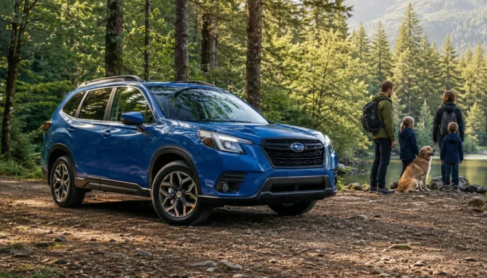 Blue Subaru Forester parked in woodland with a family and their dog