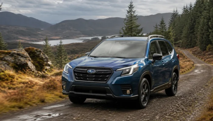 Blue Subaru Forester on a forest track beside a loch