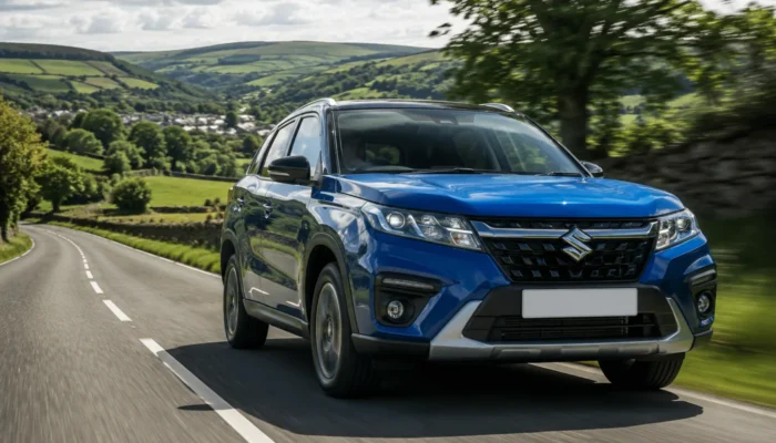 Blue Suzuki Vitara driving on a country road through a green valley