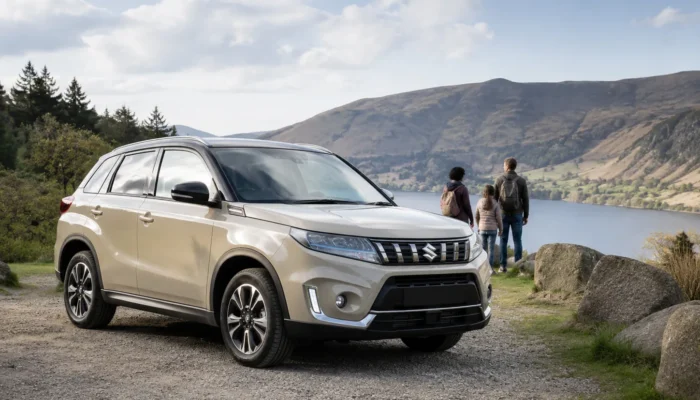 Gold Suzuki Vitara parked by a lake as a family look out over the water