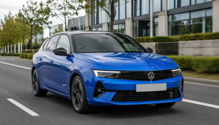 Blue Vauxhall Astra driving on a tree-lined road past a modern office building