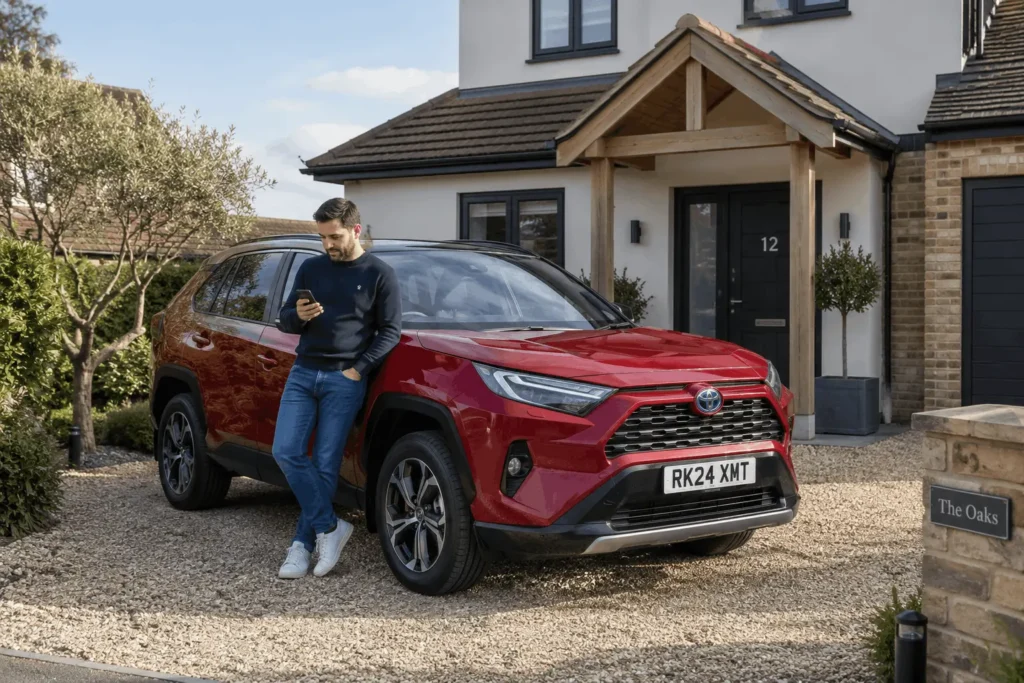red toyota parked up with person leaning on car on their phone