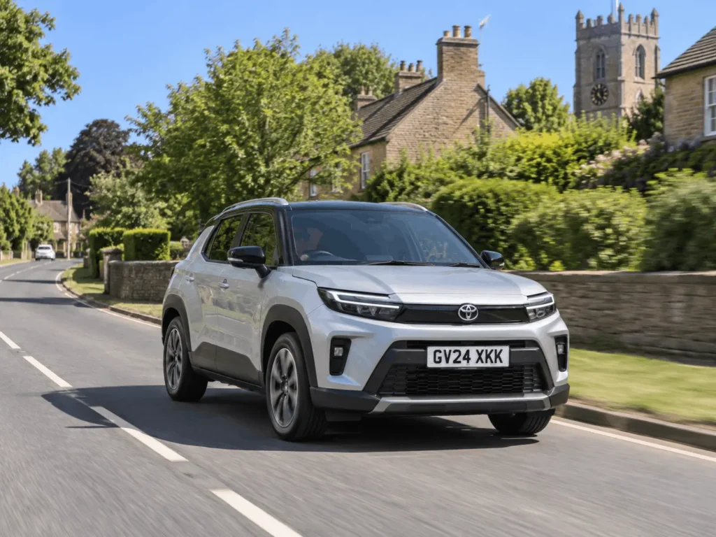 grey toyota driving on the road in the UK in good weather