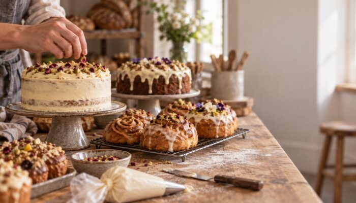 Iced celebration cakes and buns on stands and racks with a piping bag on a floured worktop