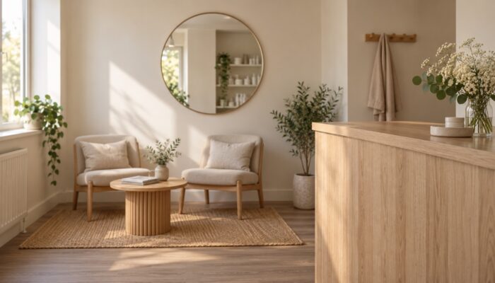 The reception and waiting area of a small beauty salon with two chairs, a round mirror and a timber counter