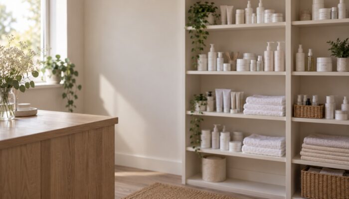 Open shelving of unbranded skincare bottles and folded towels beside a timber counter in a beauty salon