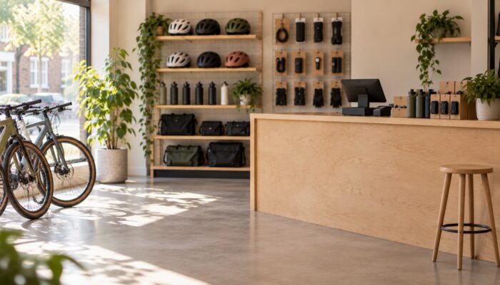The timber sales counter and shop window of an empty bike shop with a bicycle to one side