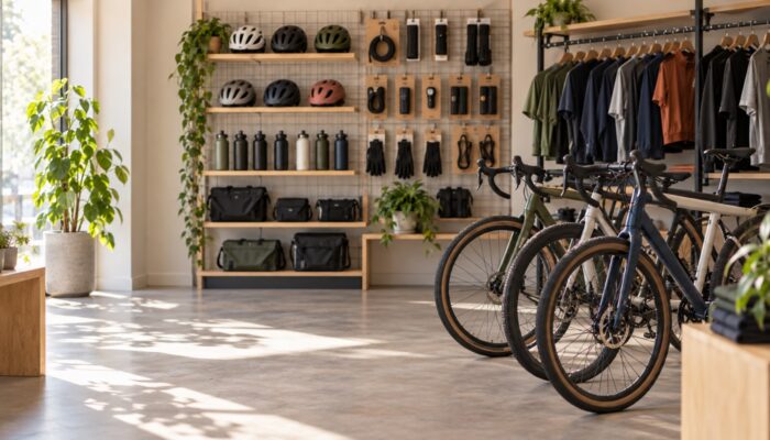 Shelves of cycling helmets, boxed tyres and folded clothing in an empty bike shop