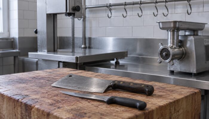 A butcher's wooden block with a cleaver and boning knife, a bandsaw and mincer on the steel bench behind