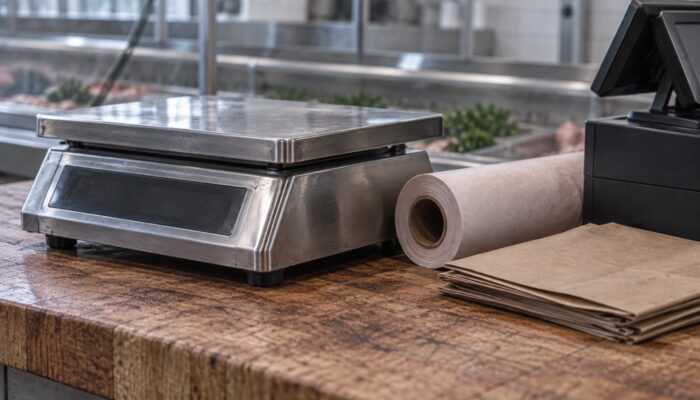 A stainless steel scale, a roll of butcher's paper and paper bags on a butcher's timber counter