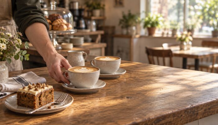 Two coffees and a slice of cake on a timber counter, a hand sliding one cup forward