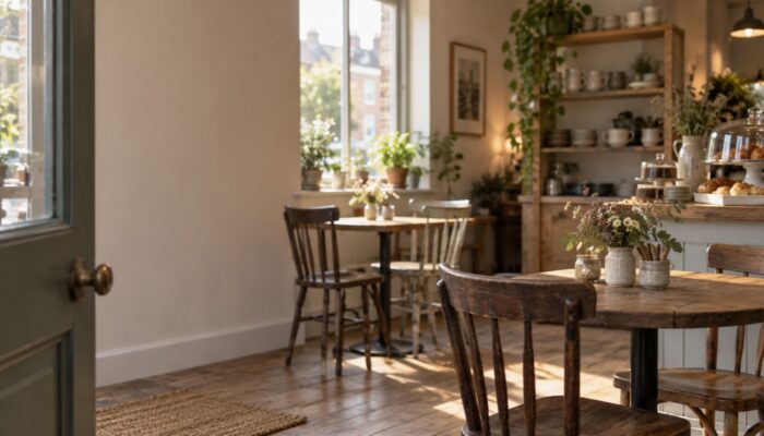 Tables and wooden chairs in a small sunlit cafe with a shelf of cups and a plant