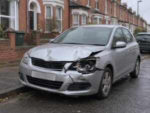 A silver hatchback with crumpled front-end accident damage parked at the kerb on a British terraced street.