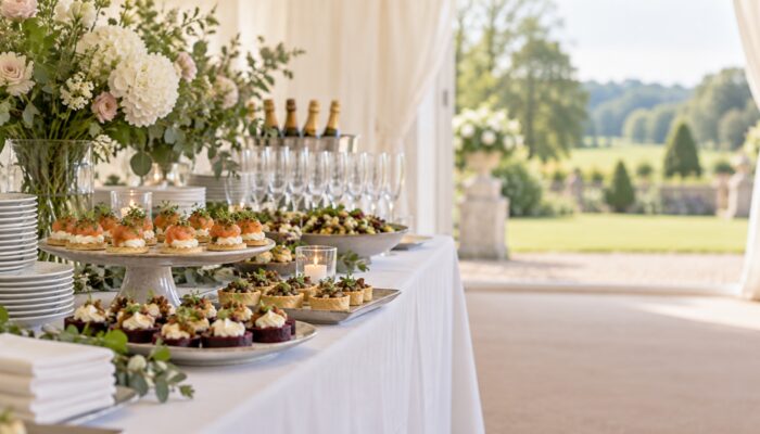 A long buffet table set with platters, plates and glassware at an event