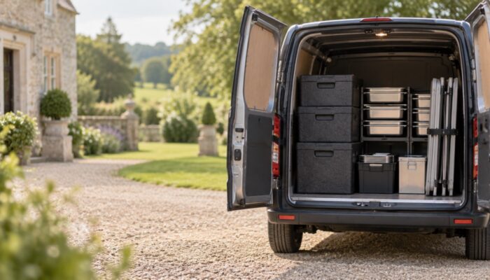 Open rear doors of a catering van loaded with insulated boxes, trays and a folded trestle table