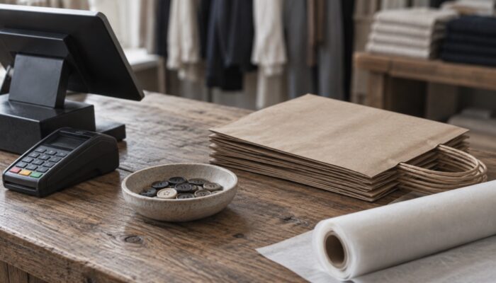 A clothing shop counter with a card reader, paper carrier bags, tissue paper and a dish of spare buttons