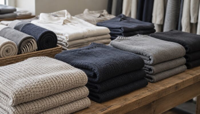 Stacks of folded knitwear and shirts in neutral tones on a timber display table in a clothing shop