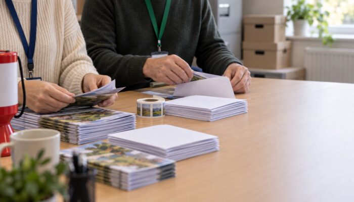 Hands folding leaflets and filling envelopes for a mailing on a charity office table